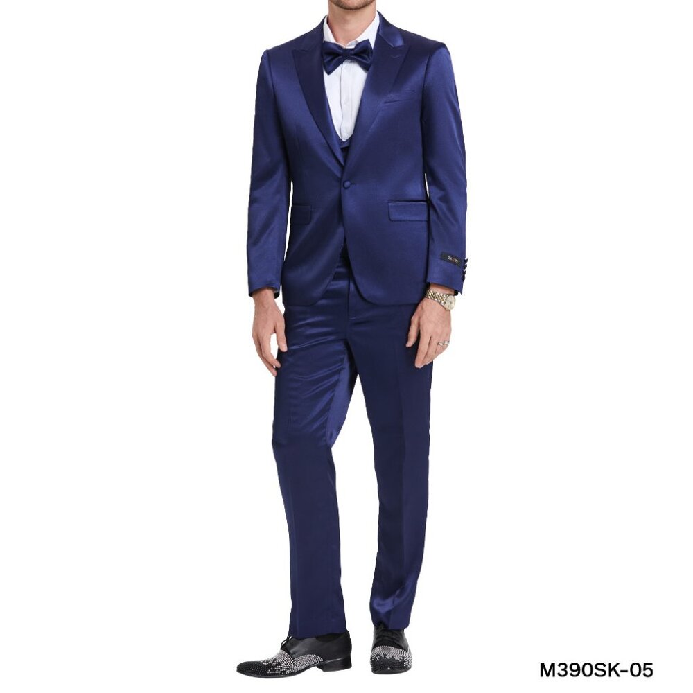 Blue Satin Textured Peak Lapel 3 Piece Skinny Fit Tazzio Men's Suit